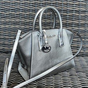 Michael Kors Avril Small Leather Top-Zip Satchel Color Silver